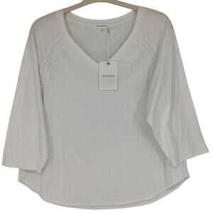 Mododoc Size Large White 3/4 Sleeve Twist Trim Top V Neck Minimalist OS19-17